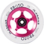 A detailed view of the Proto Plasma 110mm Stunt Scooter Wheel in Clear/Neon Pink highlights its BUFF Core Technology and a pink metallic core with four oval cutouts. The translucent tire is crafted using the Alien urethane formula, and the text on the wheel reads "Made in USA" and "Performance Urethane.