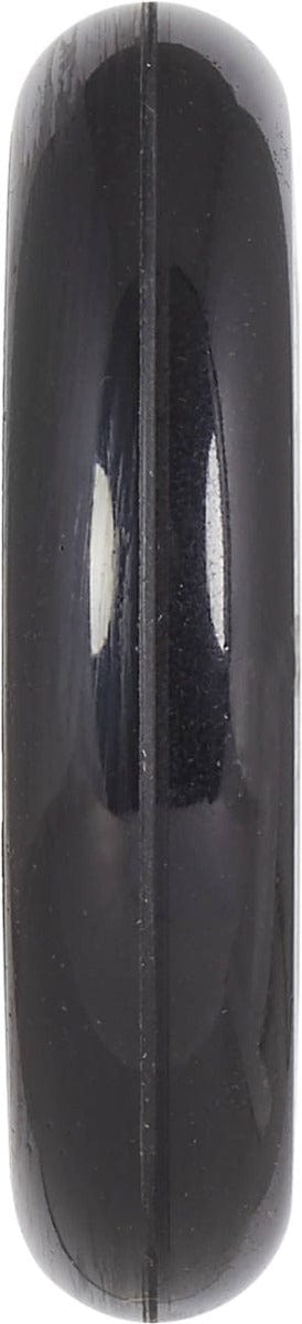 A close-up of a black bowling ball with a smooth, glossy surface, akin to the finish seen on the Proto Sliders 110mm Stunt Scooter Wheel in Raw Silver. The ball is upright, showcasing its circular shape and reflective sheen. A subtle seam runs vertically down the center, accentuated by light reflections.