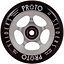 The Proto Sliders 110mm Stunt Scooter Wheel - Raw Silver, featuring Buff Core technology, is a black wheel with silver spokes that highlights "PROTO SLIDERS," "Performance Urethane," and "110 mm" along the edge. Expertly crafted in the USA, this robust design is engineered for exceptional performance.