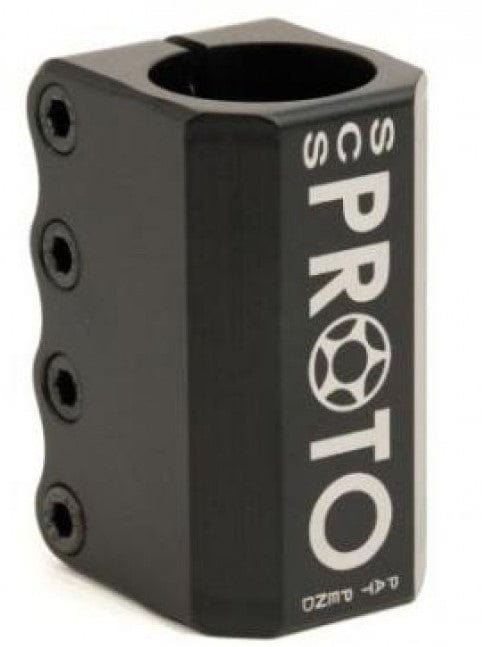 The Proto Baby 4 Bolt Oversized SCS Stunt Scooter Clamp in black features four bolt holes, "PROTO" in bold white, a circular logo, and extra small text—lightweight and perfect for your SCS scooter setup.