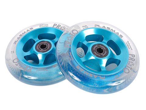 The Proto Plasma 110mm Stunt Scooter Wheels in Clear/Electric Blue boast transparent outer layers that reveal their metal cores, highlighting the sleek design. Featuring "PLASMAS" and "PROTO" written in white on a plain background, these wheels are equipped with advanced BUFF Core Technology for enhanced performance.