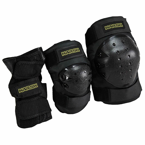 The Harsh 3 Piece Combo Skate Protection Pad Set - Black includes impact-resistant knee pads, elbow pads, and wrist guards. Each piece features a rough texture with the brand name "Harsh" prominently displayed in yellow on the black labels. This essential protective gear is artistically arranged against a plain white background.