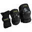 The Harsh 3 Piece Combo Skate Protection Pad Set - Black includes impact-resistant knee pads, elbow pads, and wrist guards. Each piece features a rough texture with the brand name "Harsh" prominently displayed in yellow on the black labels. This essential protective gear is artistically arranged against a plain white background.