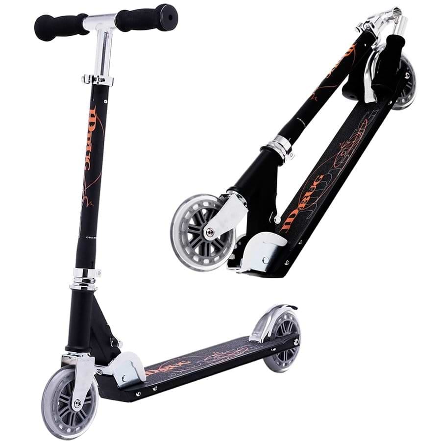 The JD Bug Classic Street 120 Kids Foldable Kick Scooter in Matt Black is shown fully assembled and partially folded. It features adjustable handlebars, a lightweight yet sturdy frame, small wheels for maneuverability, and a textured footboard for easy portability.
