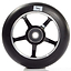 The Logic 5 Spoke 100mm Stunt Scooter Wheel in black boasts a durable five-spoke hub constructed from 6061-T6 Aluminium. Equipped with ABEC 9 bearings at the center for enhanced smoothness, it features a white background adorned with a small rectangular logo on the wheel's surface.
