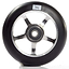 A close-up of the Logic 5 Spoke 100mm Stunt Scooter Wheel - Titanium showcases its black tire with a silver hub crafted from 6061-T6 Aluminium, featuring ABEC 9 bearings. A small stylized "L" logo adorns the side of the tire, all set against a white background.