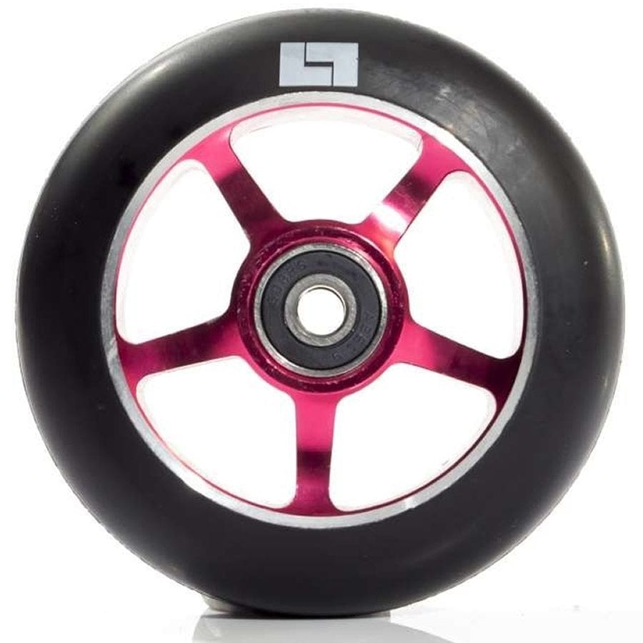 Introducing the Logic 5 Spoke 100mm Stunt Scooter Wheel - Red by Logic. This wheel features a stylish five-spoke design crafted from durable 6061-T6 Aluminium, with red spokes and a silver hub. The black outer rim is adorned with a sleek logo for added flair.