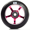 Introducing the Logic 5 Spoke 100mm Stunt Scooter Wheel - Red by Logic. This wheel features a stylish five-spoke design crafted from durable 6061-T6 Aluminium, with red spokes and a silver hub. The black outer rim is adorned with a sleek logo for added flair.
