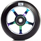 Close-up of the Logic 5 Spoke 100mm Stunt Scooter Wheel - Neochrome, featuring a black tire and metallic core with a blue and purple gradient. Made by Logic, this wheel boasts five spokes crafted from 6061-T6 Aluminium and includes an ABEC 9 central bearing for seamless performance.