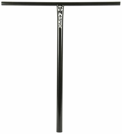 Crafted from robust 4130 Chromoly Steel, the black Apex XXL Steel Oversized SCS Stunt Scooter T-Bars feature a white logo near the top center of the vertical bar. Its minimalist and stylish design is perfect for freestyle or stunt scooters, making these T-bars an ideal choice for enthusiasts seeking high-quality components.