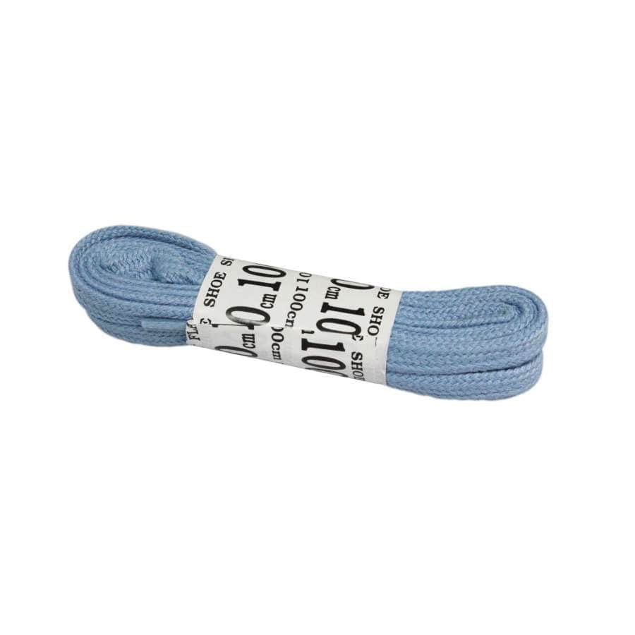 A neatly coiled pair of Mr Lacey's 100cm light blue shoelaces, ideal for adding a pop of color to shoes or roller skates, comes wrapped with a white label that reads "100 cm" and "10 pairs." These Mr Lacey shoelaces feature a smooth texture and are packaged for retail.