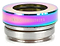 The Root Industries Integrated Stunt Scooter Headset - Rocket Fuel Neochrome displays a vibrant multi-color neochrome finish with metallic hues and branded text on its outer ring. Equipped with high-quality sealed bearings, it upholds the sleek design associated with premium scooter components from Root Industries.