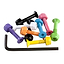 The Enuff Allen Key Skateboard Truck Bolts - 1" Multi set features a vibrant assortment of colored bolts and nylon lock nuts in shades of purple, orange, white, black, green, pink, blue, and yellow. Accompanied by a black hex key and neatly arranged on a white background, this collection is perfect for skateboard trucks or any colorful DIY project.