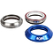 Displayed are three bicycle headset parts: one in metallic silver, another made of aluminium alloy featuring a red seal, and the third is the Dare Fighter Integrated Stunt Scooter Headset - Blue by Dare Sports Co. All include fully-sealed bearings and are arranged in a triangular pattern on a white background.
