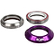 Three metal headset cups for bicycles are displayed. The first, crafted from durable 6061-T6 Aluminium Alloy, is silver with a brown inner ring. The second is silver with a white and red inner ring featuring sealed bearings. The third, named the Dare Fighter Integrated Stunt Scooter Headset by Dare, is purple and showcases an integrated design.