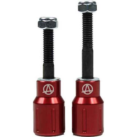 Two red metal bar ends with black bolts for BMX or bike handlebars, featuring a stylized Apex Barnaynay logo.
