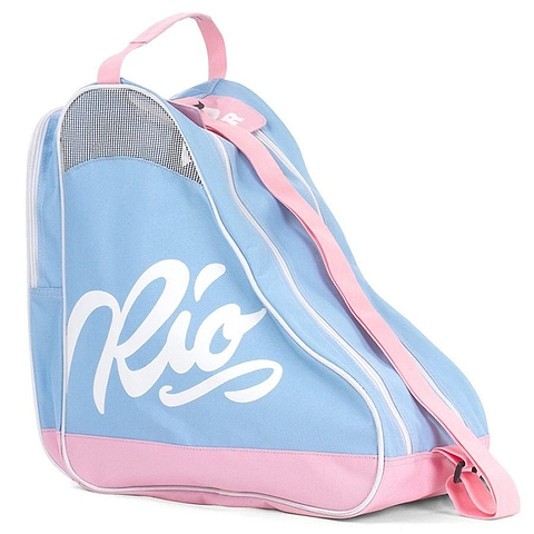 The Rio Roller Script Skate Bag in blue and pink features white accents and is made from water-resistant material. "Rio" is prominently displayed in large script on the side. It includes a zippered compartment, a top handle, and an adjustable carry strap for convenience, truly capturing the essence of the Rio Roller Skate Bag style.