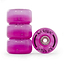 Four vibrant "Pink Frost" quad skate wheels by Rio Roller are stacked vertically, with one wheel leaning casually against the others. The glossy surface proudly displays the "Rio Roller" brand name, and they showcase visible bearings.