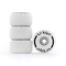 Four sleek white Rio Roller Light Up 82A Quad Skate Wheels - White Frost are arranged with three stacked vertically and one positioned horizontally in front. The wheels feature the "Rio Roller" text printed in black, adding a touch of minimalistic elegance.