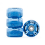 Four translucent blue glitter Rio Roller Light Up 82A Quad Roller Skate Wheels (58mm x 33mm) are shown—three stacked, one upright showcasing the “Rio Roller” branding and bearing. Ideal for vibrant outdoor skating.
