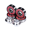 A set of Madd Gear MGP K-2 ABEC 9 pink scooter bearings, featuring vibrant seals and two shiny conical spacers, are displayed on a white surface. The polished, cylindrical surfaces reflect light and highlight their ABEC 9 rating.