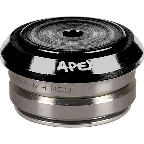 Close-up of the Apex Integrated Stunt Scooter Headset in black, perfect for your integrated scooter deck. The top section showcases "Apex" in white on a black background, while the metallic gray lower section adds a sleek touch to your setup.