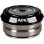 Close-up of the Apex Integrated Stunt Scooter Headset in black, perfect for your integrated scooter deck. The top section showcases "Apex" in white on a black background, while the metallic gray lower section adds a sleek touch to your setup.