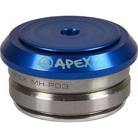 The Apex Integrated Stunt Scooter Headset - Blue showcases a sleek design that echoes the smooth elegance of an integrated scooter deck, featuring a rounded top with a central circular indentation similar to the precision of Apex Volcano Compression.