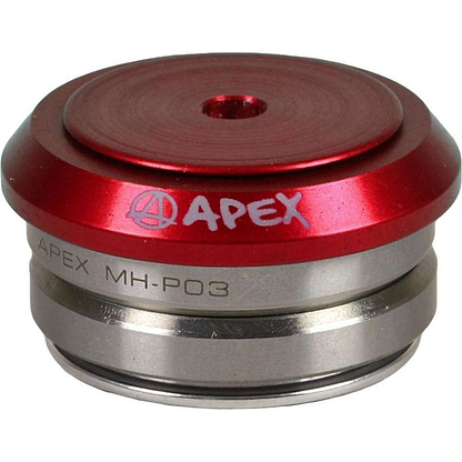A close-up of a red and silver metal component labeled "Apex Integrated Stunt Scooter Headset - Red" highlights its importance as an essential part of a stunt scooter. The top is red with the engraved Apex branding, while the silver lower section features grooves, reminiscent of components found in an integrated scooter deck.