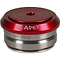A close-up of a red and silver metal component labeled "Apex Integrated Stunt Scooter Headset - Red" highlights its importance as an essential part of a stunt scooter. The top is red with the engraved Apex branding, while the silver lower section features grooves, reminiscent of components found in an integrated scooter deck.