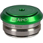 A detailed image showcases the Apex Integrated Stunt Scooter Headset in green and silver. The top cap, with its polished green metallic finish, features "Apex" engraved in elegant silver lettering. This headset is designed to perfectly complement an integrated scooter deck for a smooth riding experience.