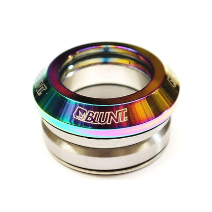 The Blunt Envy Integrated Stunt Scooter Headset showcases a striking close-up of its vibrant, metallic component. Featuring the "Blunt Envy" logo, the headset boasts an oil slick neochrome finish on the top and a silver base, expertly designed for seamless integration with scooter decks. Perfect for upgrading your stunt scooter setup.