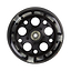 The Zycom 125mm Light Up Front Scooter Wheel in black showcases a design with multiple circular holes and a central metal bearing, complemented by partially translucent tires that feature an intriguing pattern of light and dark sections. This edition is enhanced with captivating light-up LEDs for an eye-catching ride.