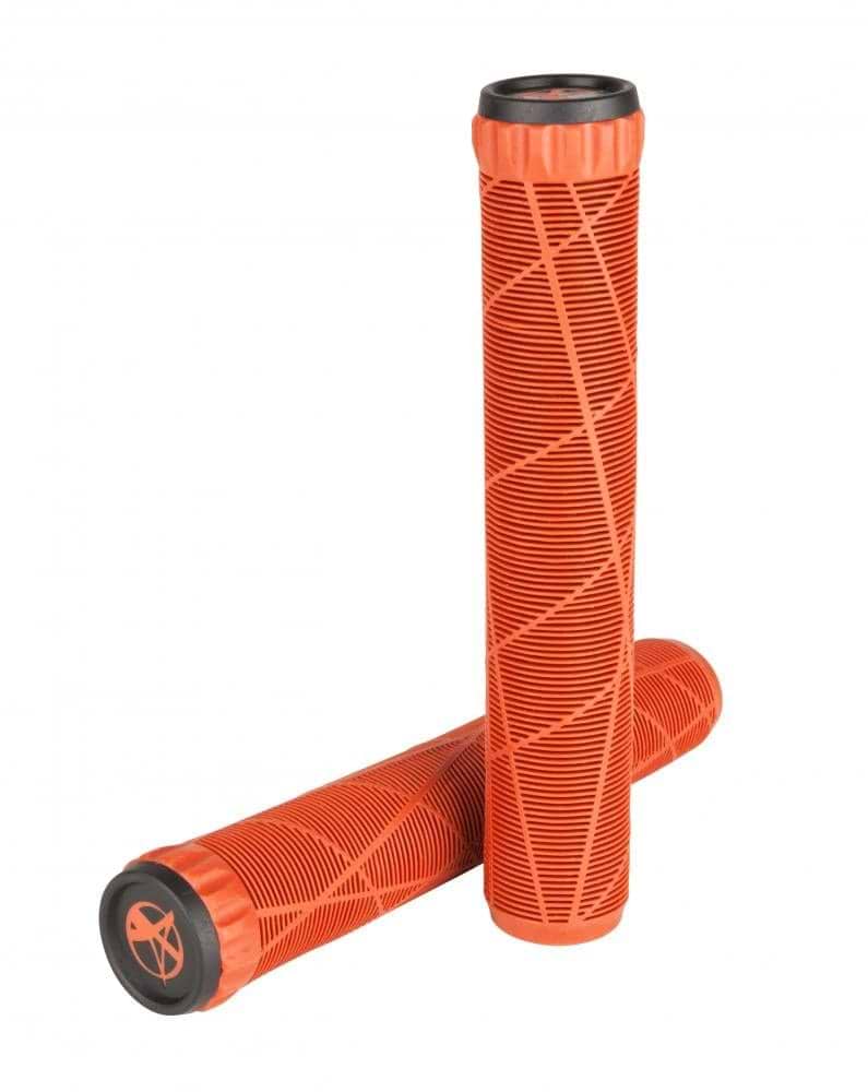 Two Addict OG Bloody Red Stunt Scooter Grips with black circular ends feature a textured, diagonal line pattern for enhanced grip. Made from super soft TPR, one grip stands vertically while the other lies horizontally, partially overlapping the first, reminiscent of classic scooter grips.