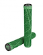 The Addict OG Bottle Green Stunt Scooter Grips - 180mm are prominently displayed, featuring vibrant green grips with black end caps. They boast a textured crisscross design for superior grip, with one grip upright and the other lying horizontally, echoing the ultra-soft TPR materials typical of OG scooter grips for increased comfort.