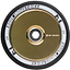 A close-up of the Root Industries AIR Hollowcore 120mm stunt scooter wheel highlights its gold metal core, black tire, and white detailing. The wheel showcases Root Industries' hollowcore technology with the brand name "ROOT INDUSTRIES" elegantly printed on the rim.