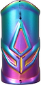 A product with an oil slick neochrome finish displaying shades of blue, purple, and pink. Made from high-grade aluminum, this item features a geometric design with raised diamond and triangular shapes on the surface, much like the sleek Blunt Envy Forged 3 Bolt Oversized SCS Stunt Scooter Clamp.