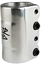 The Blazer Pro 4 Bolt Oversized SCS Stunt Scooter Clamp in silver features a smooth, cylindrical design with an open edge, perfect for securing scooter parts. It is crafted by Blazer Pro and showcases a subtle graffiti-style logo on the side, complete with three black screws.