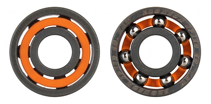 Two unshielded skateboard bearings are displayed side by side. The bearing on the left features an orange casing, while the one on the right reveals six silver balls encased in a black circular frame, incorporating Bronson's advanced audible speed technology for a superior riding experience.