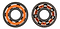 Two unshielded skateboard bearings are displayed side by side. The bearing on the left features an orange casing, while the one on the right reveals six silver balls encased in a black circular frame, incorporating Bronson's advanced audible speed technology for a superior riding experience.