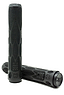 A pair of black CORE Pro Stunt Scooter Grips, each measuring 170mm, featuring a textured surface with "CORE" engraved on them. Designed with a shock-absorbing compound for superior impact protection, one grip stands upright while the other rests horizontally, making them ideal for stunt scooter enthusiasts seeking enhanced grip performance.