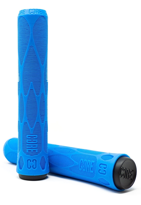 Introducing the CORE Pro Blue Stunt Scooter Grips - 170mm by CORE, designed for ultimate performance and style. These grips feature a blue color with black end caps and are perfect for stunt scooters. They showcase a textured geometric pattern that enhances grip while offering impact protection through a shock-absorbing compound. The text "CORE" and "C3" is embossed on them, adding to their sleek appearance, with one grip standing upright while the other lies horizontally.