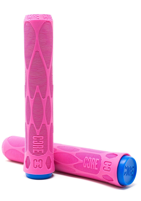 The CORE Pro Pink Stunt Scooter Grips - 170mm by CORE feature a textured diamond pattern with blue end caps, offering comfort and impact protection. Positioned both upright and horizontally, these grips display the design and logo while their shock-absorbing compound ensures smoother rides.