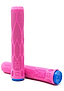 The CORE Pro Pink Stunt Scooter Grips - 170mm by CORE feature a textured diamond pattern with blue end caps, offering comfort and impact protection. Positioned both upright and horizontally, these grips display the design and logo while their shock-absorbing compound ensures smoother rides.