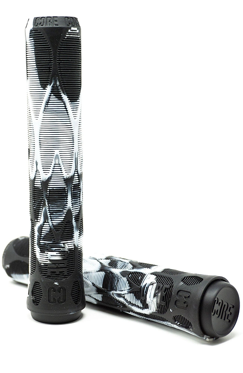 A pair of CORE Pro Slate White / Black Stunt Scooter Grips, each measuring 170mm and featuring a black and white patterned texture, stand upright. The word "CORE" is embossed on the top and sides of each grip, embodying the durability associated with high-quality stunt scooter grips.