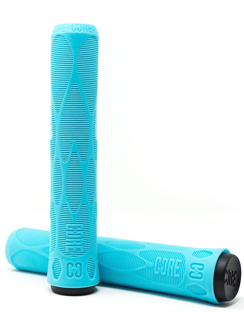 Featuring a dynamic teal color, the CORE Pro scooter grips are crafted from a shock-absorbing material with textured patterns. The word "CORE" is prominently displayed on each grip, with one lying down and the other standing upright against it to highlight their tapered ends for optimal performance.
