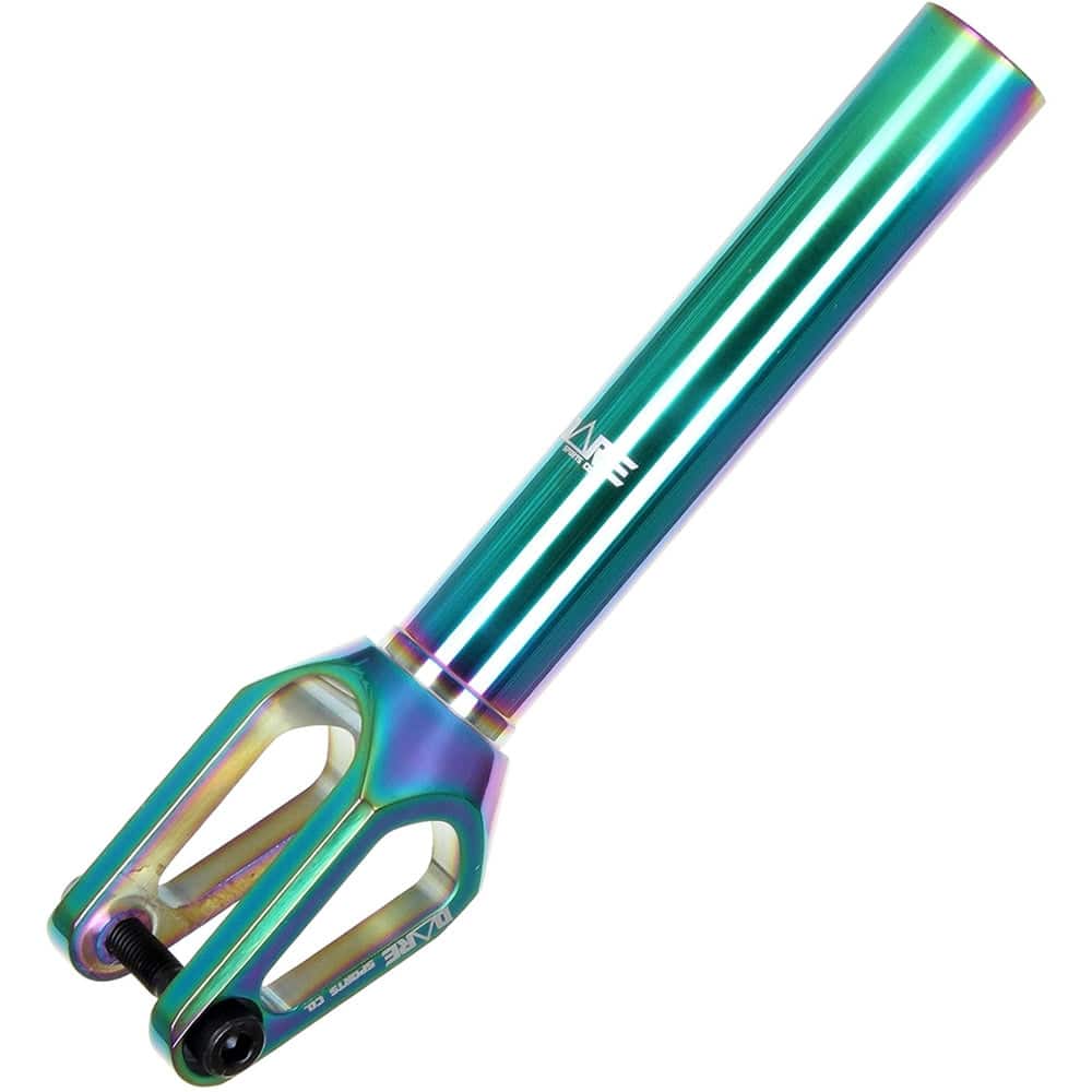 A close-up of the Dare Dimension SCS/HIC Stunt Scooter Forks in vibrant neochrome reveals a CNC machined metallic fork with an iridescent finish, showcasing shades of green, blue, and purple. The design includes a long cylindrical neck with two openings at the base for wheel attachment, and prominently features the Dare brand logo on the neck.