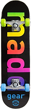 The Madd Gear MGP Pro Series Gradient Black Complete Skateboard features a durable 9-ply maple deck with colorful, rainbow-gradient letters spelling "mad," while the word "gear" stands out in blue at the bottom. It includes lime green and blue wheels attached to silver trucks, rolling seamlessly on ABEC 3 bearings.