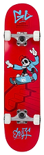 The Enuff Skully Red Complete Skateboard - 7.75" x 31.5" from Enuff features a 7-ply maple deck in red, complemented by white wheels. The design includes a cartoon character dressed in a blue outfit and red hat, giving a peace sign while skating. It's ideal for entry-level skateboarders, highlighting graphic designs with stylized text in blue and white.