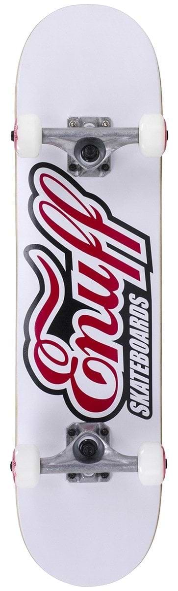 The Enuff Classic Logo White Complete Skateboard, measuring 7.75" x 31.5", features a white deck with "Enuff" in red script and "Skateboards" in black, along with Enuff Decade trucks and white wheels, making it ideal for beginners.